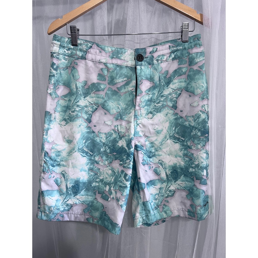 Huk Mens Mossy Oak Fracture Fishing Shorts Teal Camo Performance Size 32